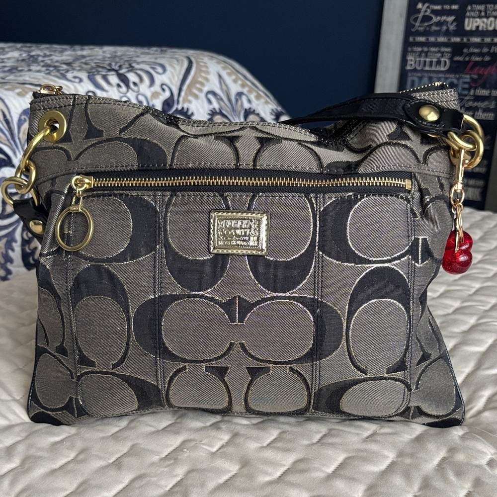 Coach Poppy Gray Signature Jacquard Small Shoulder Bag with Gold Hardware